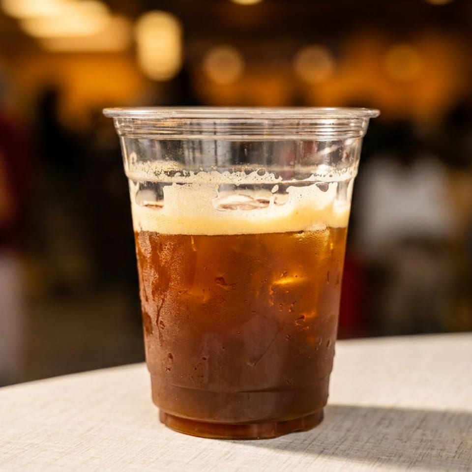 Iced coffee with a foamy top layer in a clear plastic cup on a light table.