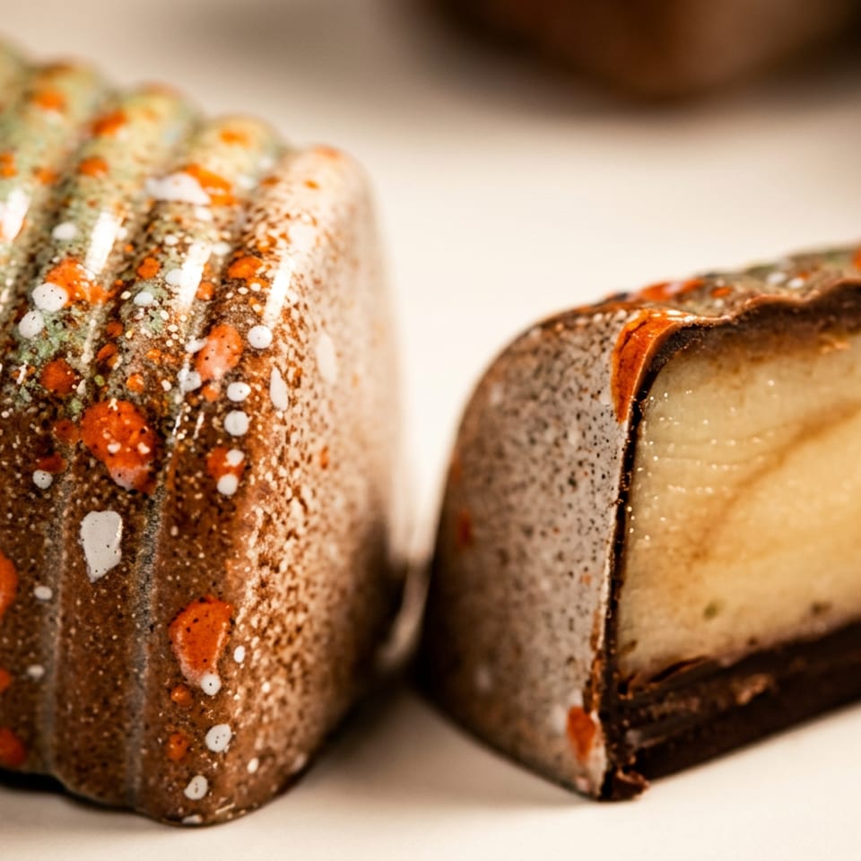 Two artisan chocolates, one whole and one cut in half revealing a creamy filling.